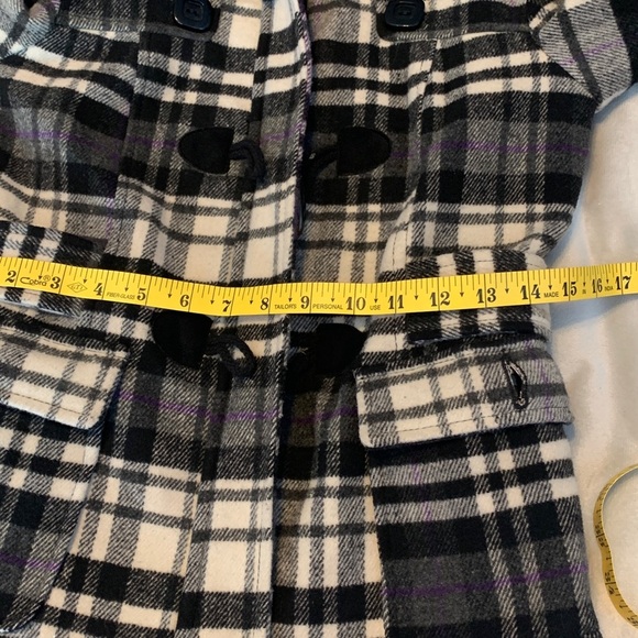 Hydraulic plaid tartan Black White Purple toggle pea hooded coat Y2K size  S - Picture 7 of 9